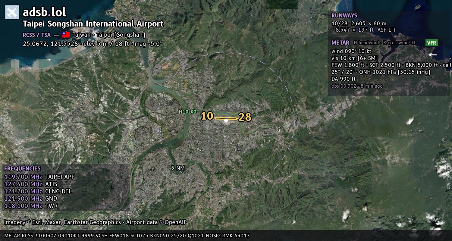 Satellite map with the runway layout of Taipei Songshan International Airport (RCSS)