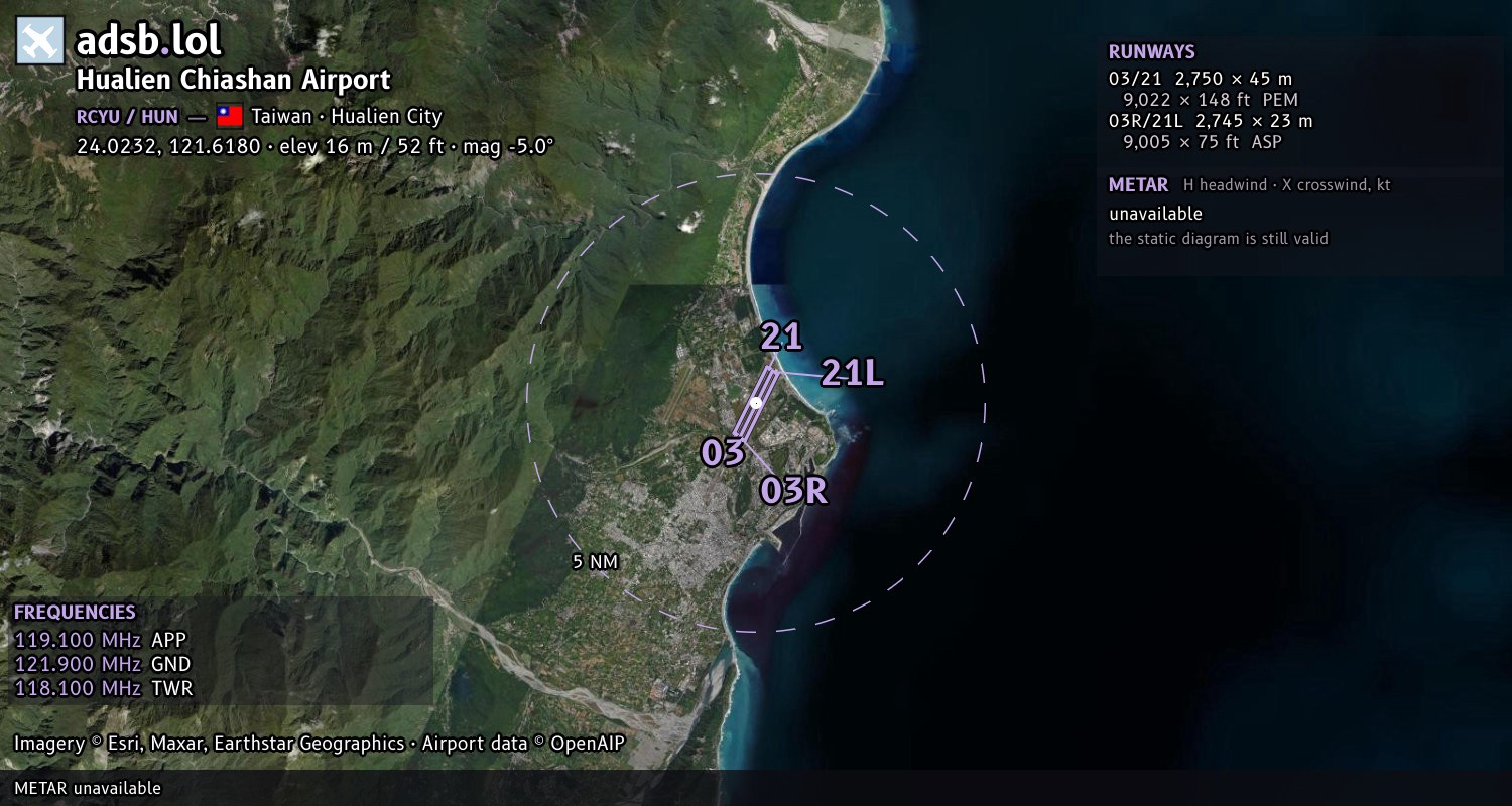 Satellite map with the runway layout of Hualien Chiashan Airport (RCYU)
