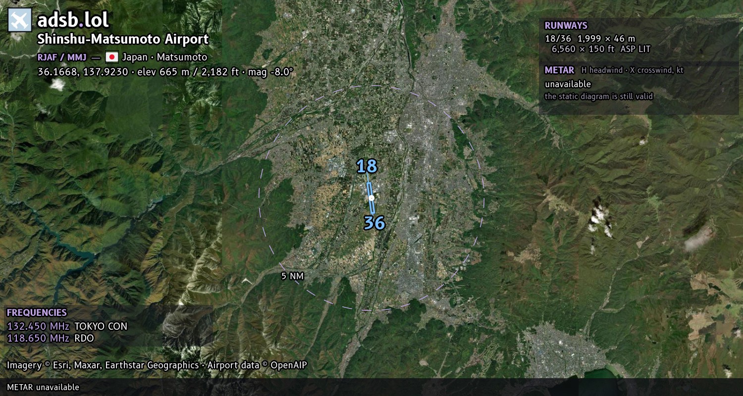 Satellite map with the runway layout of Shinshu-Matsumoto Airport (RJAF)