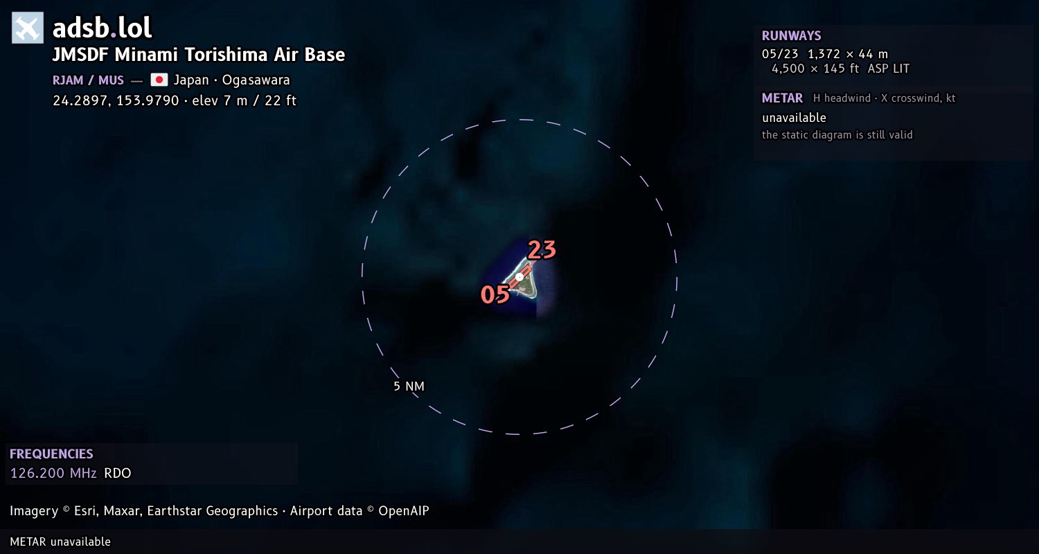 Satellite map with the runway layout of JMSDF Minami Torishima Air Base (RJAM)