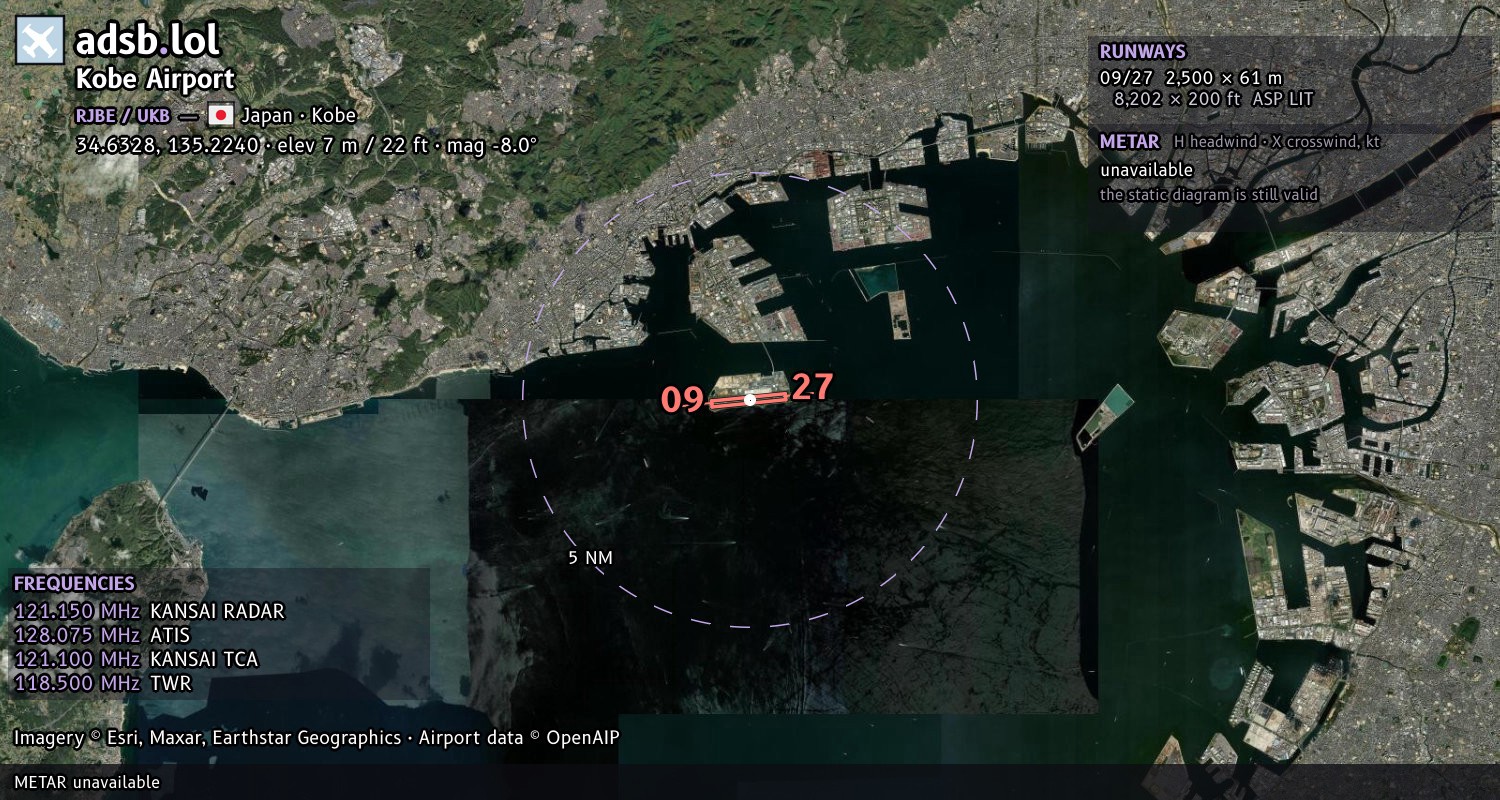 Satellite map with the runway layout of Kobe Airport (RJBE)