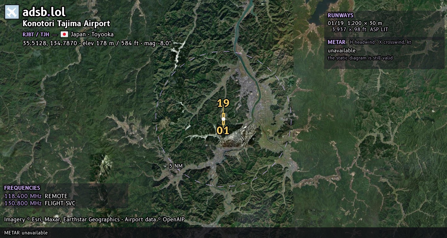 Satellite map with the runway layout of Konotori Tajima Airport (RJBT)