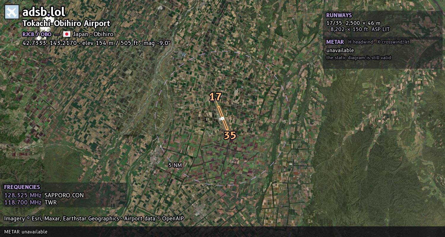 Satellite map with the runway layout of Tokachi-Obihiro Airport (RJCB)