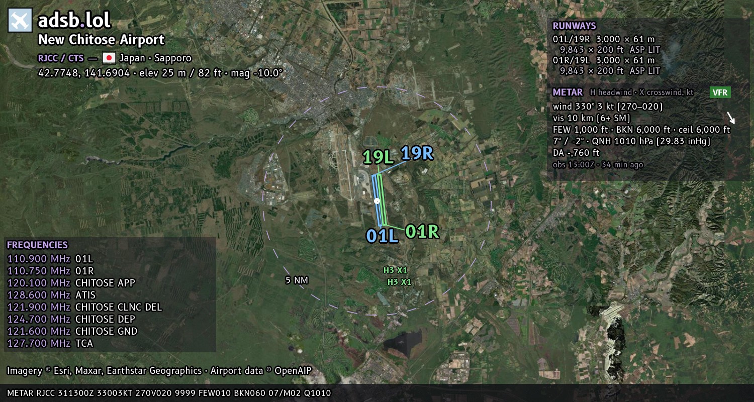 Satellite map with the runway layout of New Chitose Airport (RJCC)