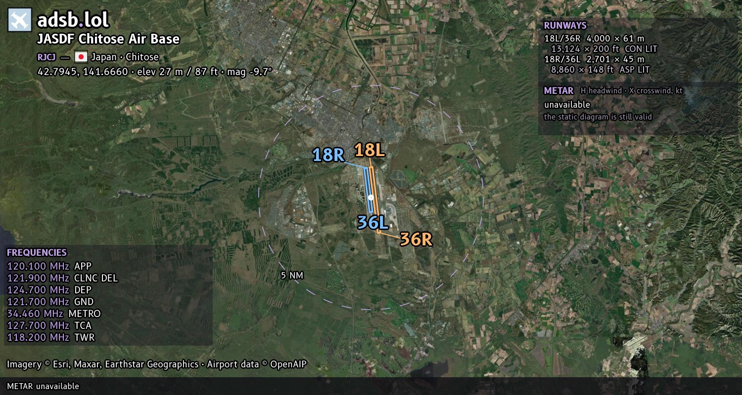 Satellite map with the runway layout of JASDF Chitose Air Base (RJCJ)