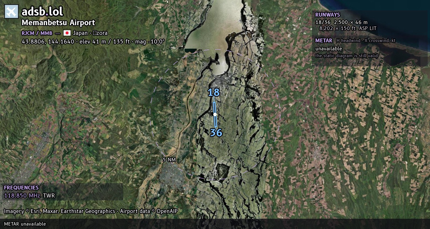 Satellite map with the runway layout of Memanbetsu Airport (RJCM)