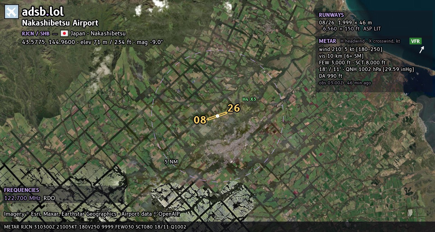Satellite map with the runway layout of Nakashibetsu Airport (RJCN)