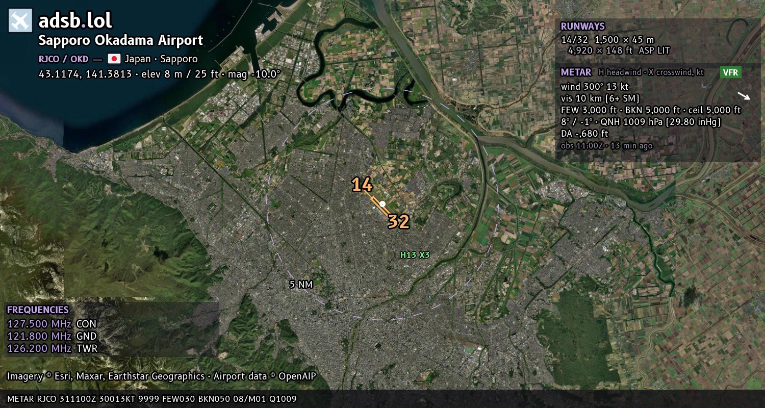 Satellite map with the runway layout of Sapporo Okadama Airport (RJCO)