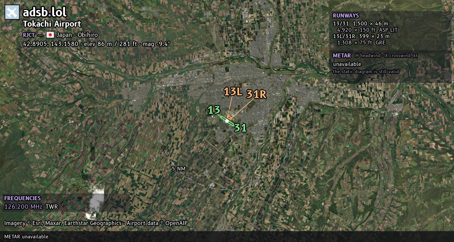 Satellite map with the runway layout of Tokachi Airport (RJCT)