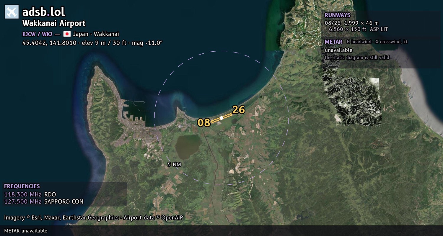 Satellite map with the runway layout of Wakkanai Airport (RJCW)