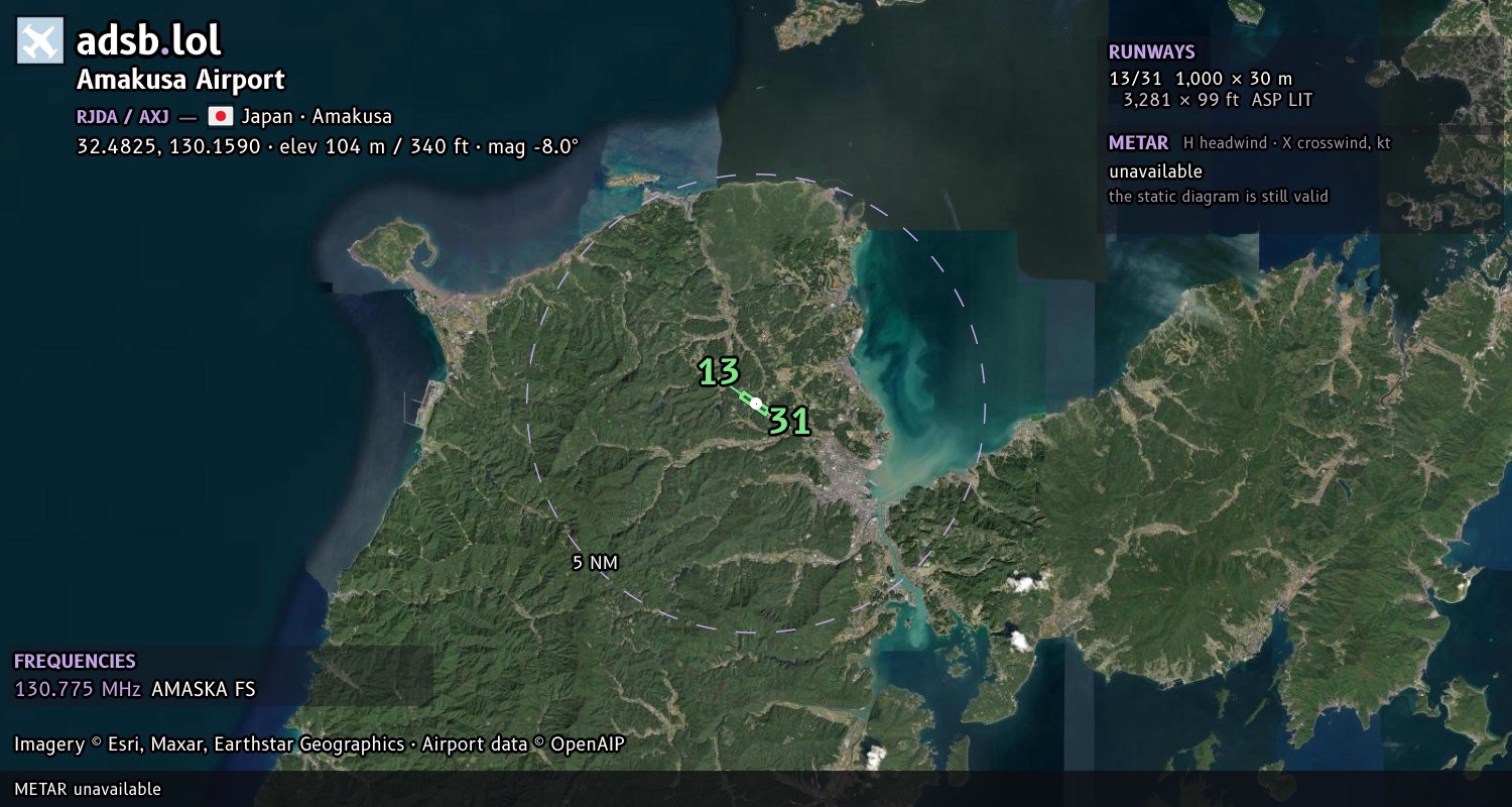 Satellite map with the runway layout of Amakusa Airport (RJDA)