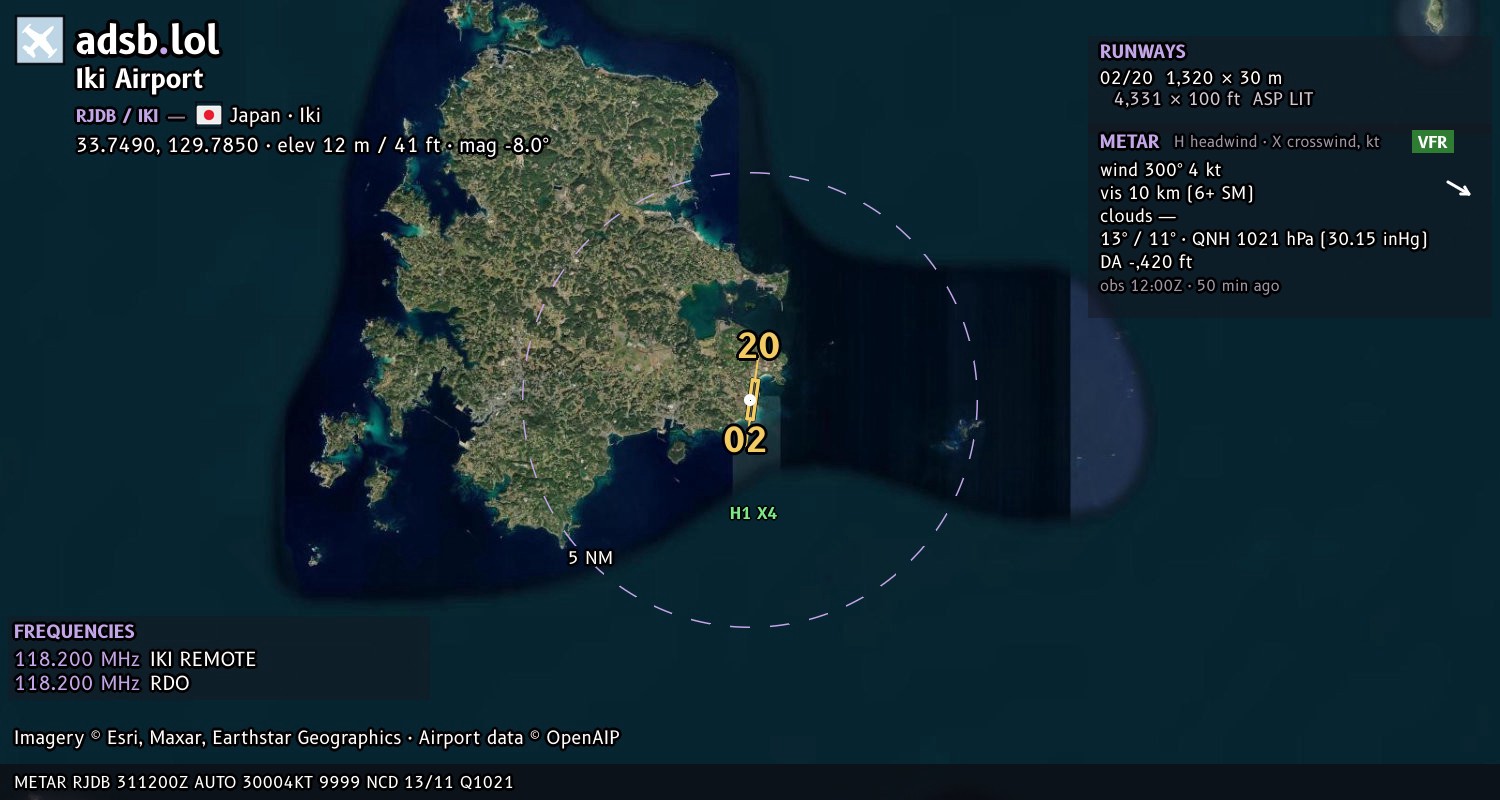 Satellite map with the runway layout of Iki Airport (RJDB)