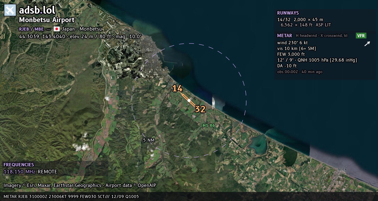 Satellite map with the runway layout of Monbetsu Airport (RJEB)