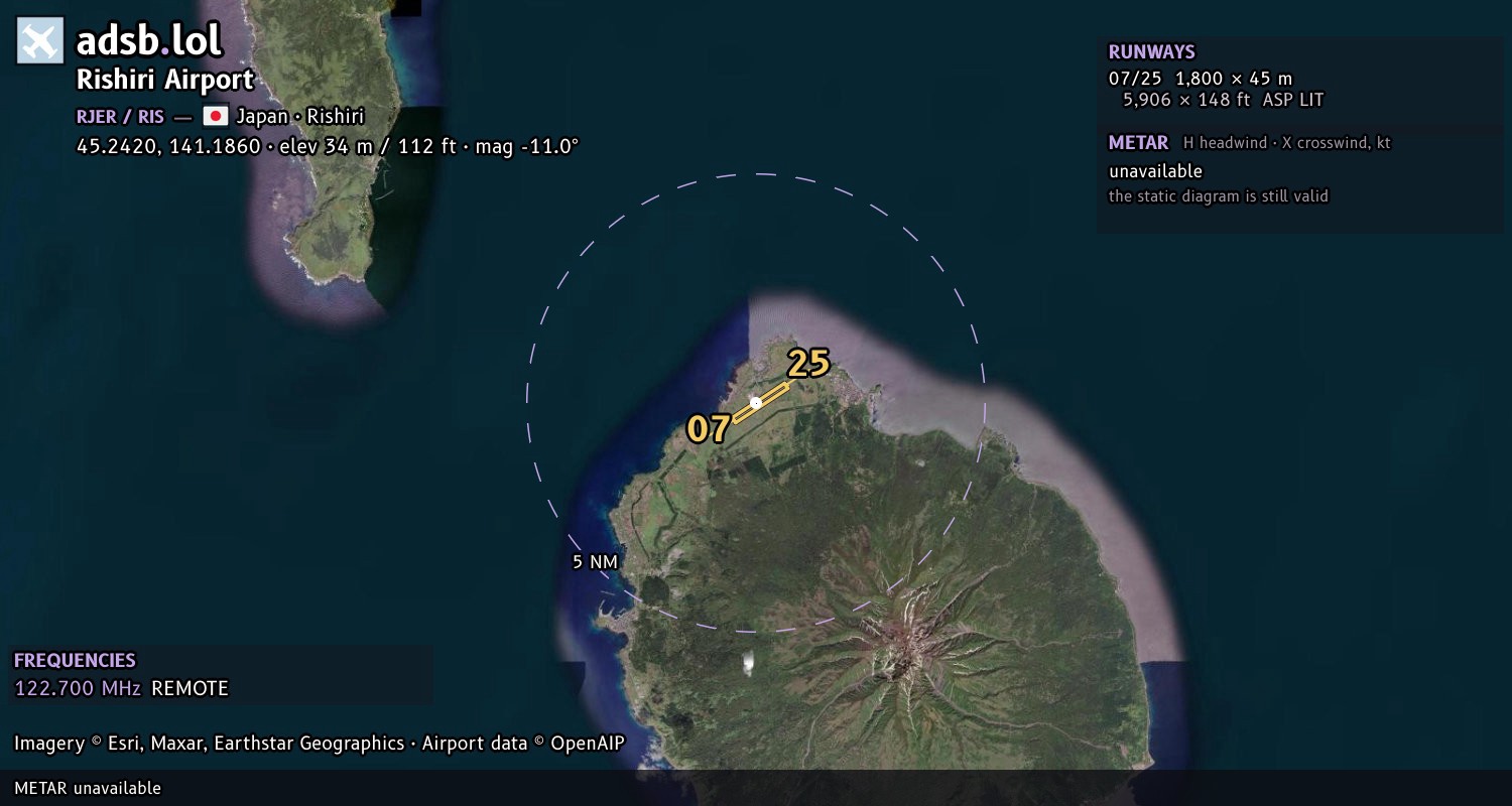 Satellite map with the runway layout of Rishiri Airport (RJER)