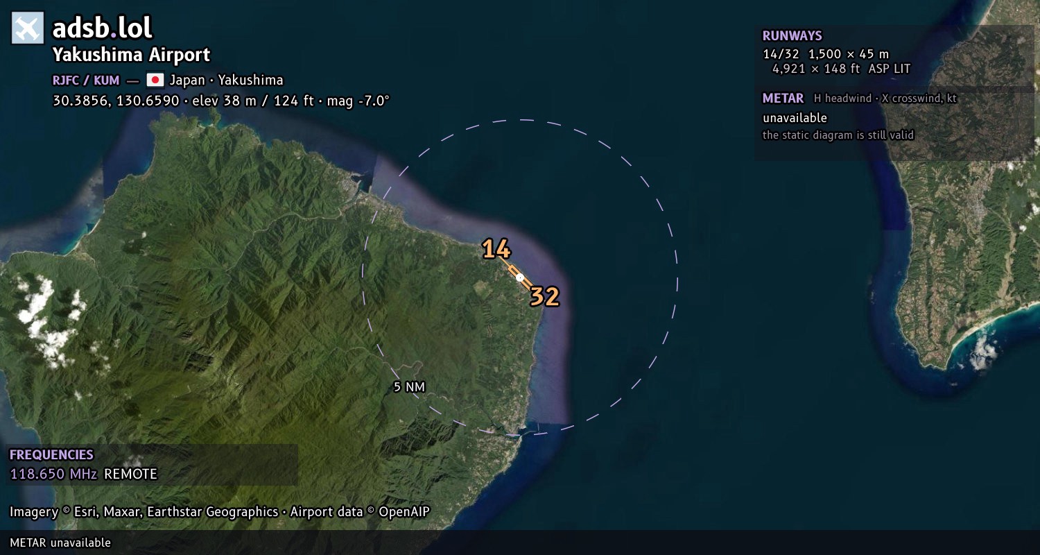 Satellite map with the runway layout of Yakushima Airport (RJFC)