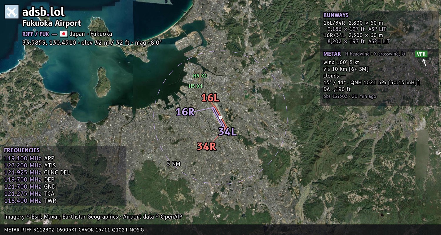 Satellite map with the runway layout of Fukuoka Airport (RJFF)
