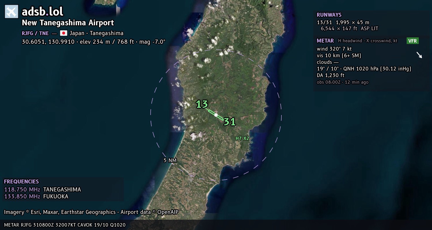 Satellite map with the runway layout of New Tanegashima Airport (RJFG)