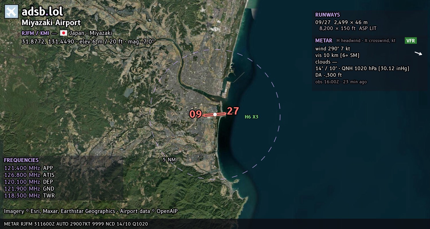 Satellite map with the runway layout of Miyazaki Airport (RJFM)
