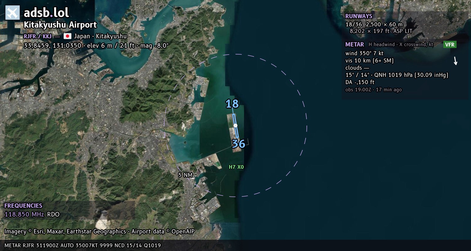 Satellite map with the runway layout of Kitakyushu Airport (RJFR)