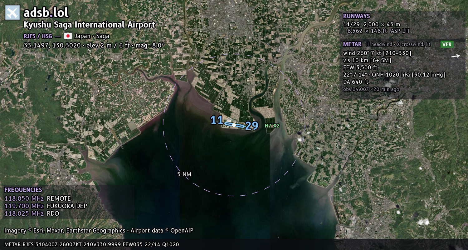 Satellite map with the runway layout of Kyushu Saga International Airport (RJFS)