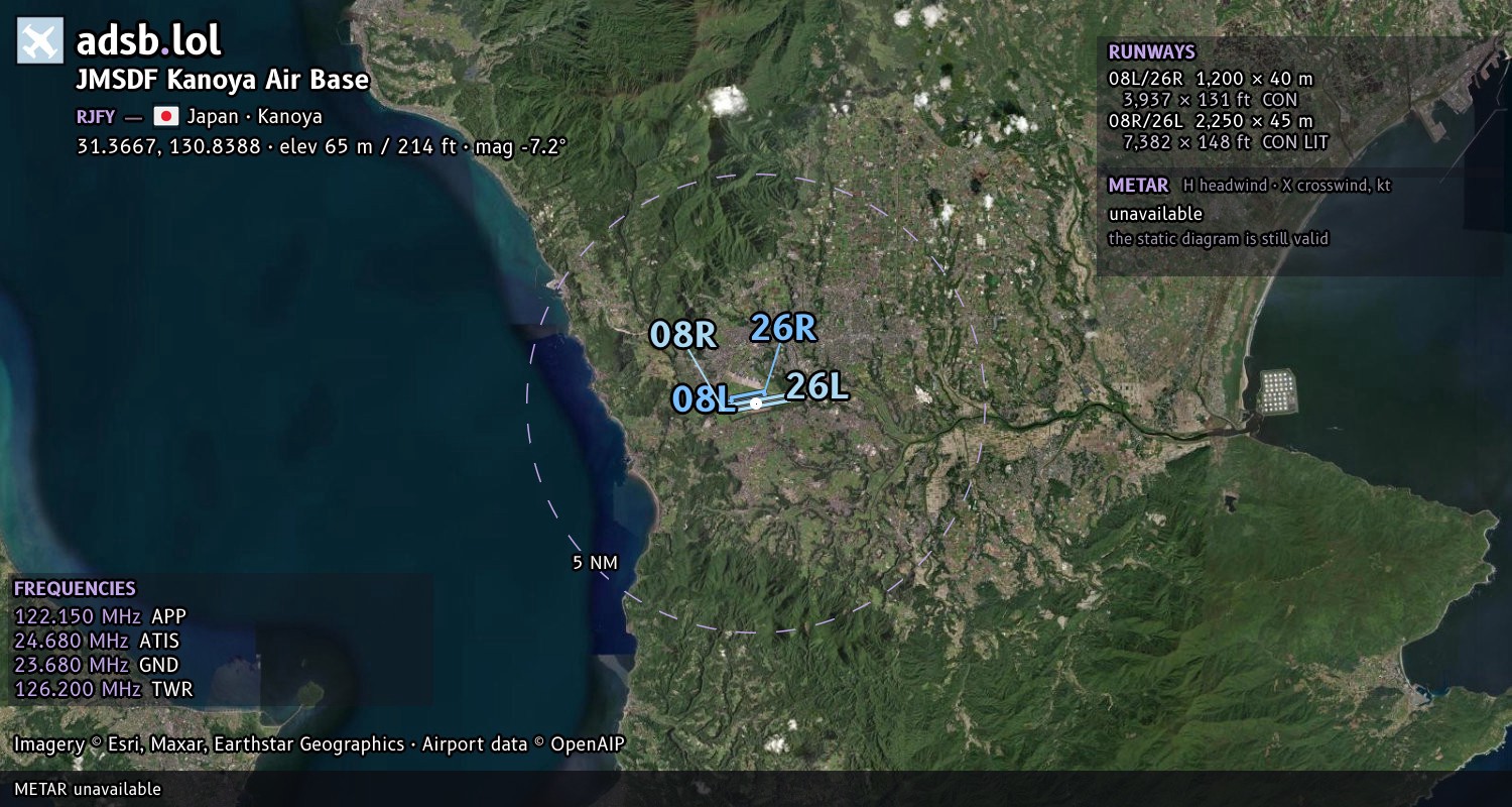 Satellite map with the runway layout of JMSDF Kanoya Air Base (RJFY)
