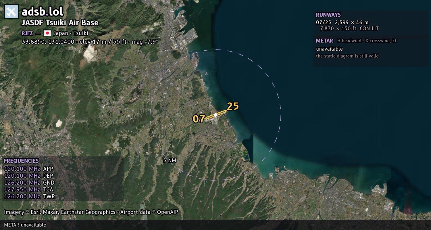 Satellite map with the runway layout of JASDF Tsuiki Air Base (RJFZ)
