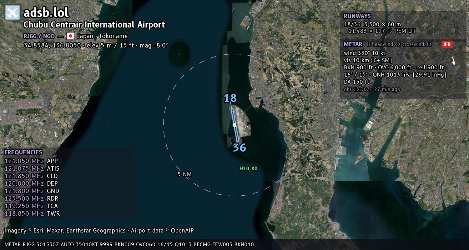 Satellite map with the runway layout of Chubu Centrair International Airport (RJGG)