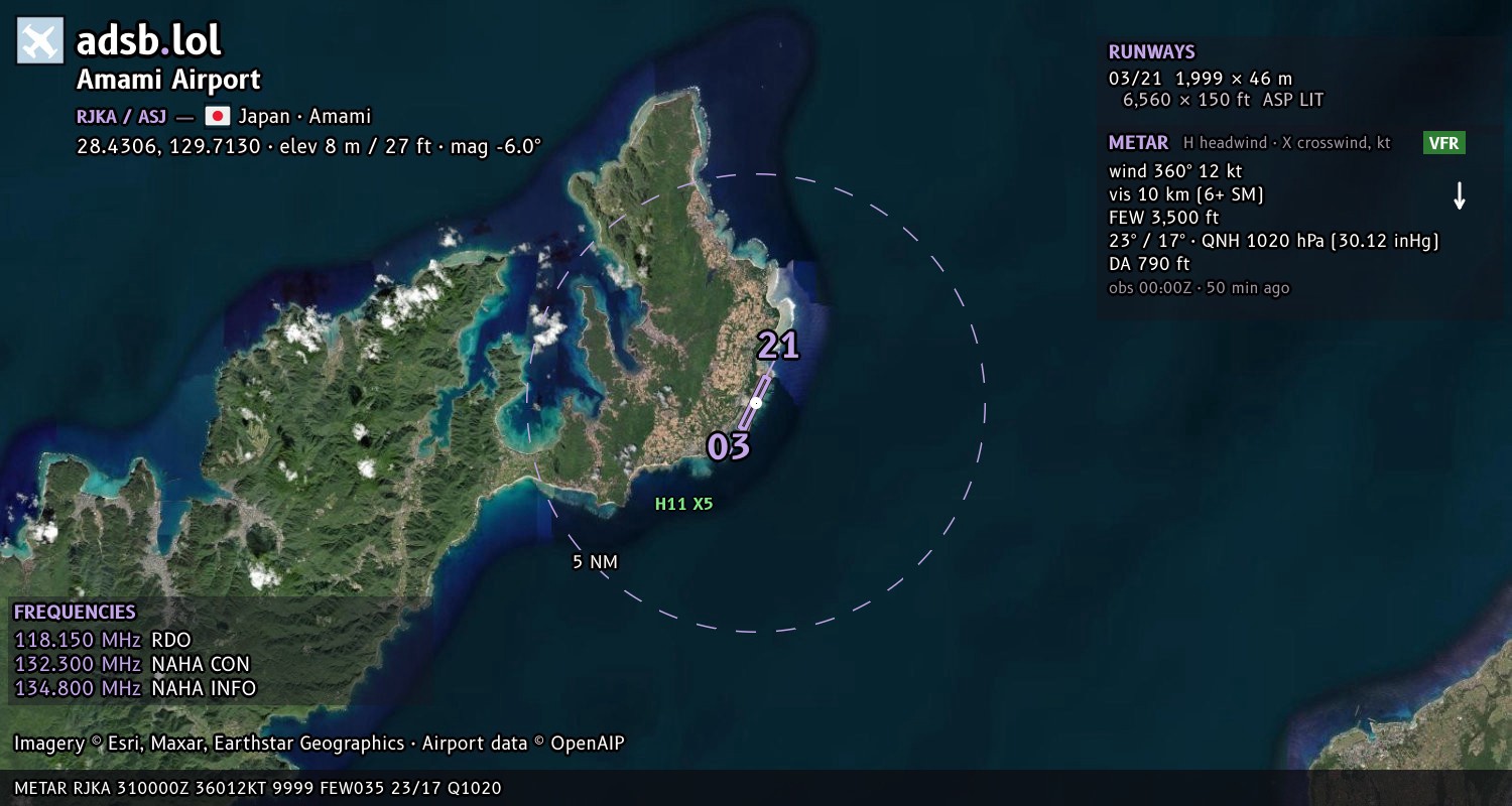 Satellite map with the runway layout of Amami Airport (RJKA)