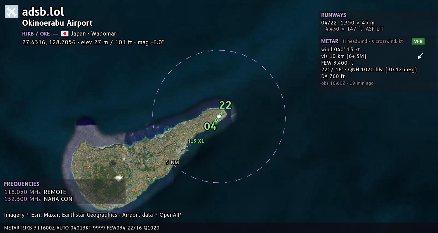 Satellite map with the runway layout of Okinoerabu Airport (RJKB)
