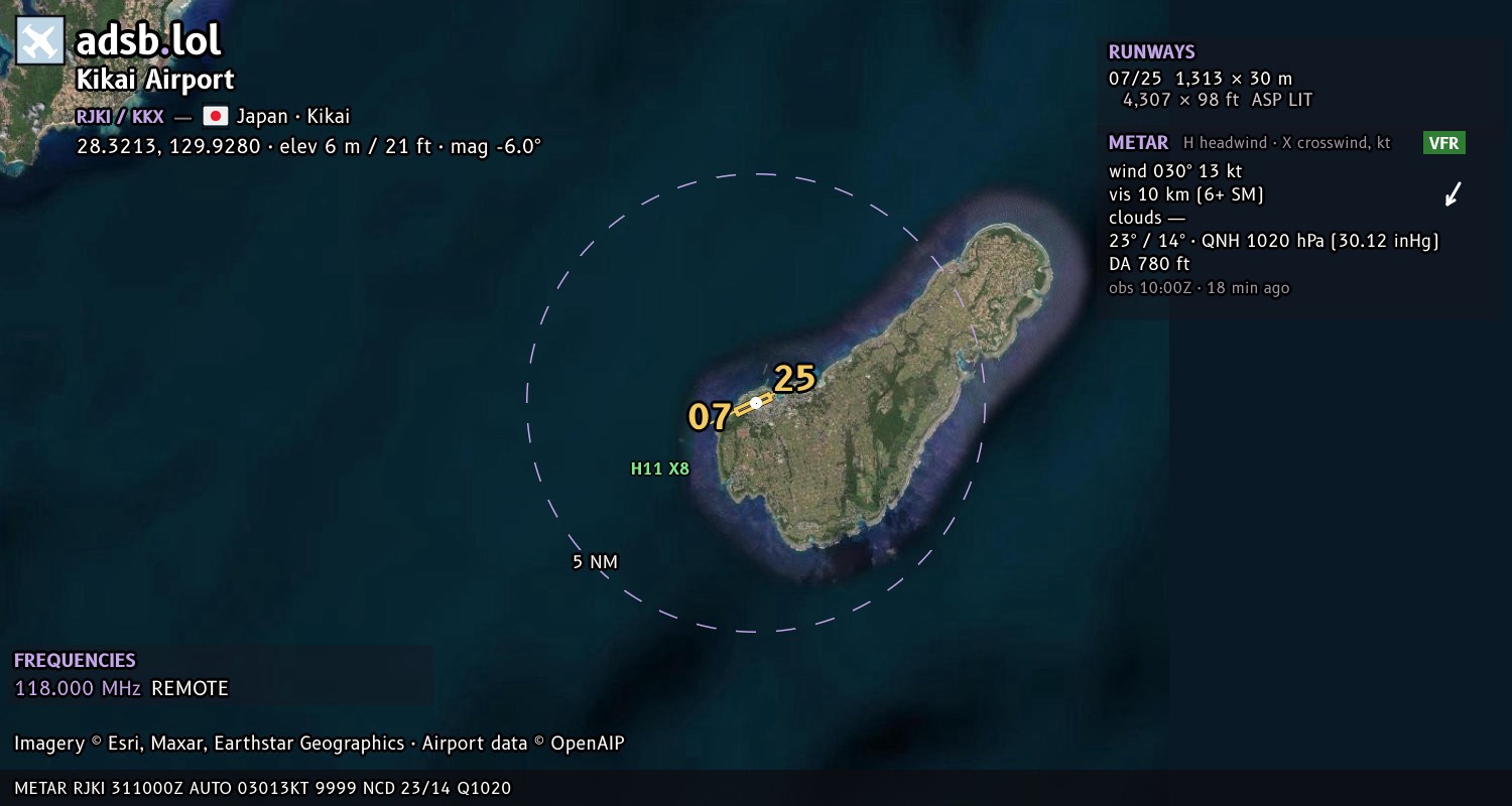 Satellite map with the runway layout of Kikai Airport (RJKI)