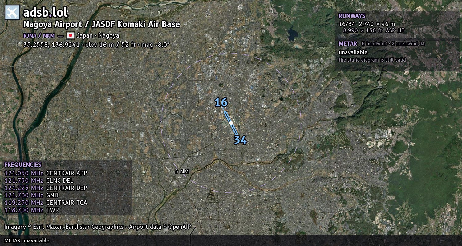 Satellite map with the runway layout of Nagoya Airport / JASDF Komaki Air Base (RJNA)