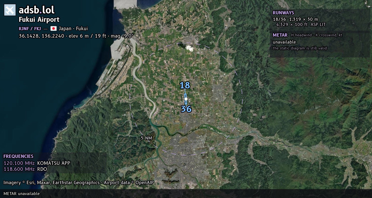 Satellite map with the runway layout of Fukui Airport (RJNF)