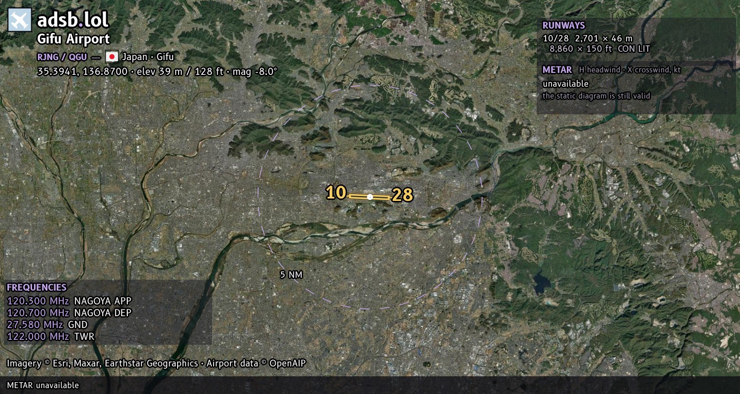 Satellite map with the runway layout of Gifu Airport (RJNG)