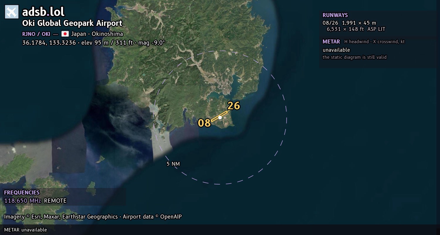 Satellite map with the runway layout of Oki Global Geopark Airport (RJNO)