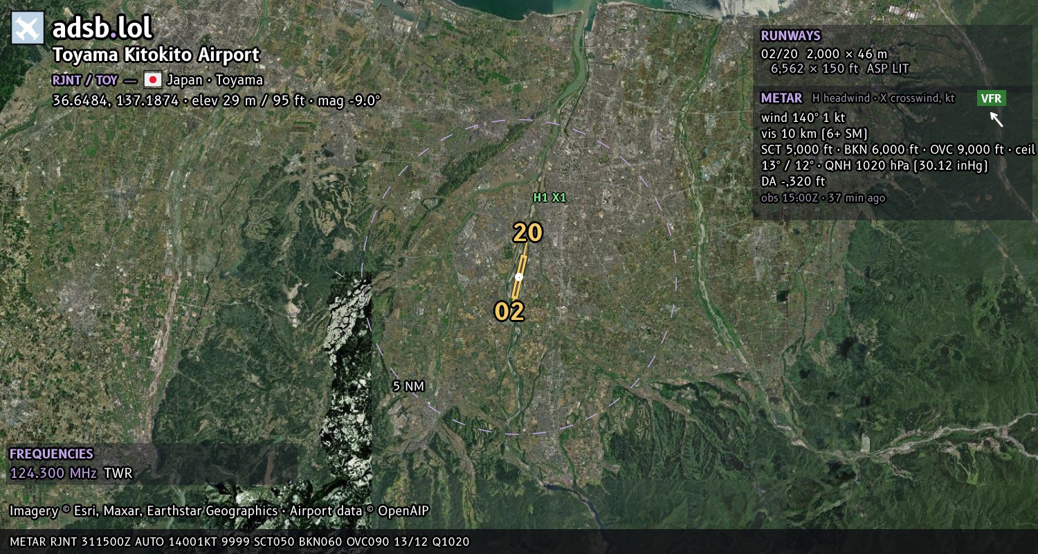 Satellite map with the runway layout of Toyama Kitokito Airport (RJNT)