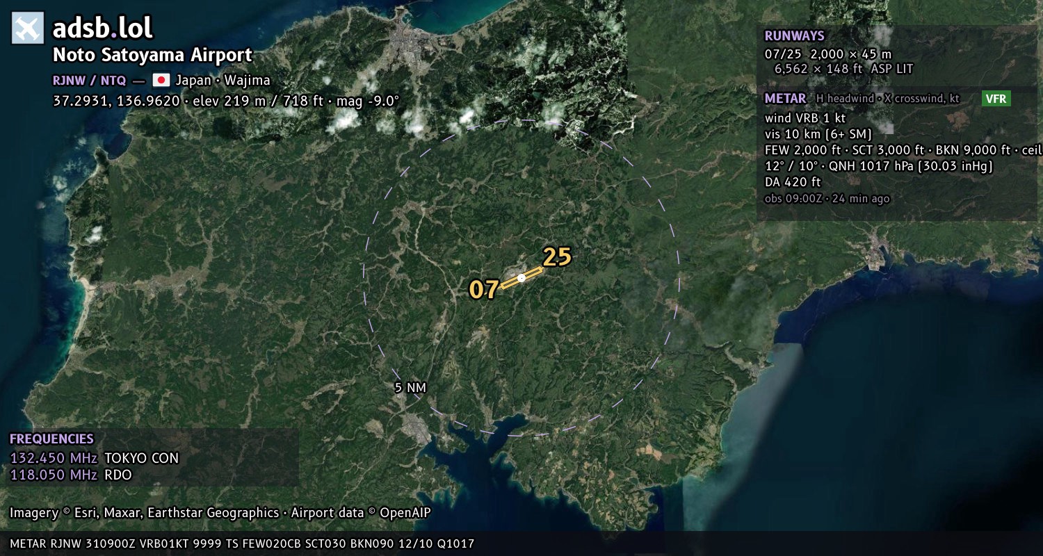 Satellite map with the runway layout of Noto Satoyama Airport (RJNW)