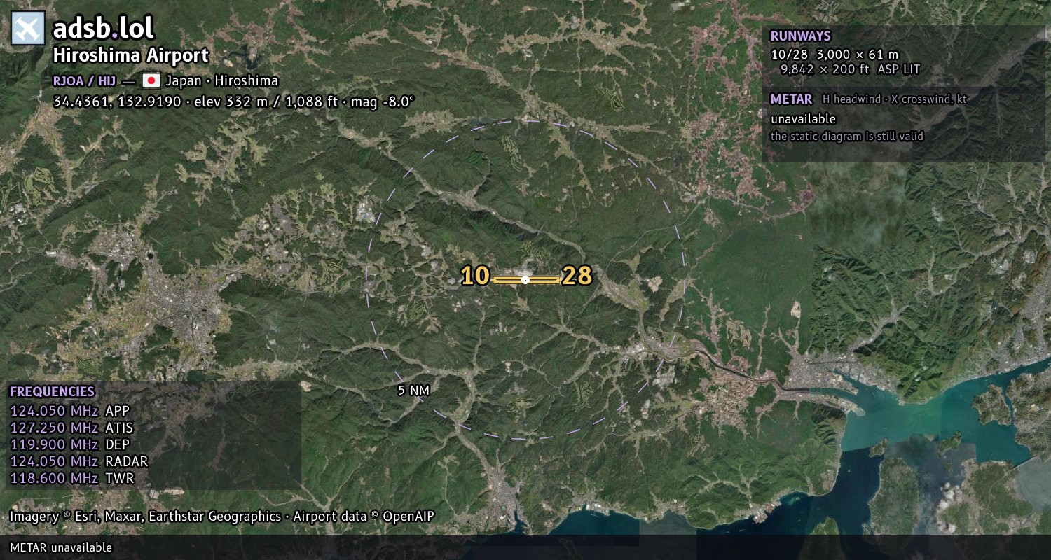 Satellite map with the runway layout of Hiroshima Airport (RJOA)