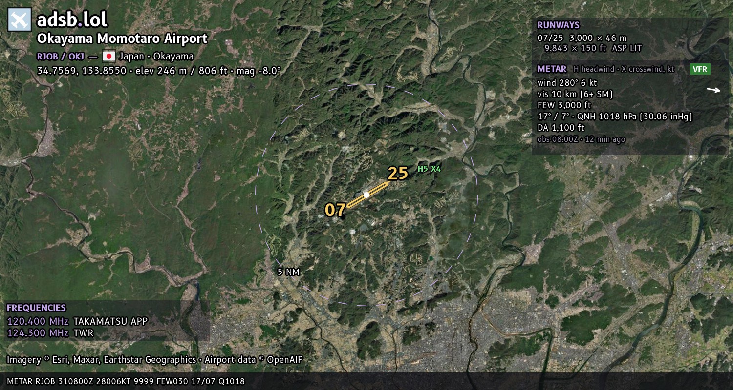Satellite map with the runway layout of Okayama Momotaro Airport (RJOB)