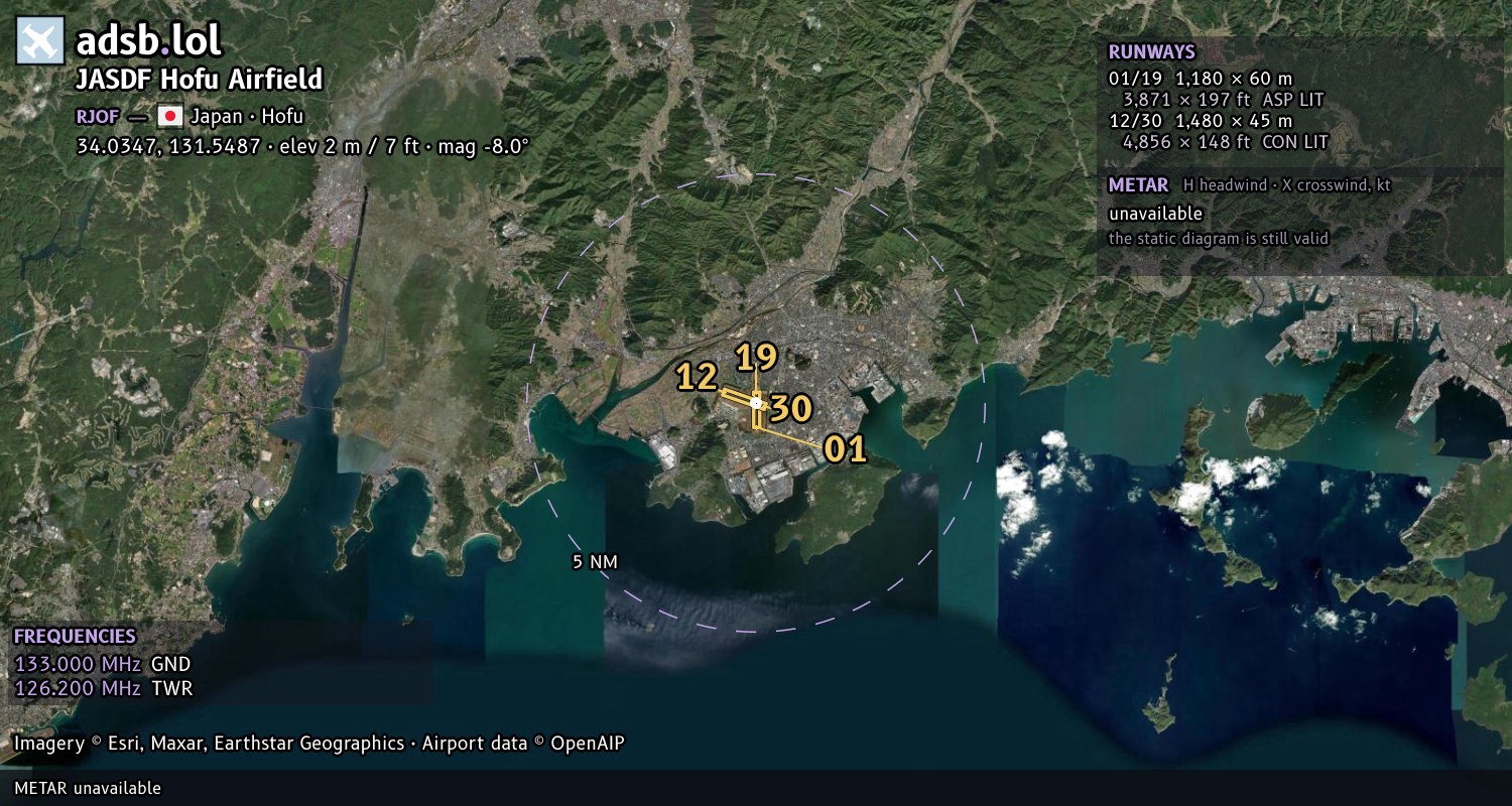 Satellite map with the runway layout of JASDF Hofu Airfield (RJOF)