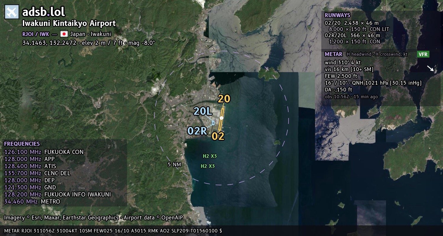 Satellite map with the runway layout of Iwakuni Kintaikyo Airport (RJOI)