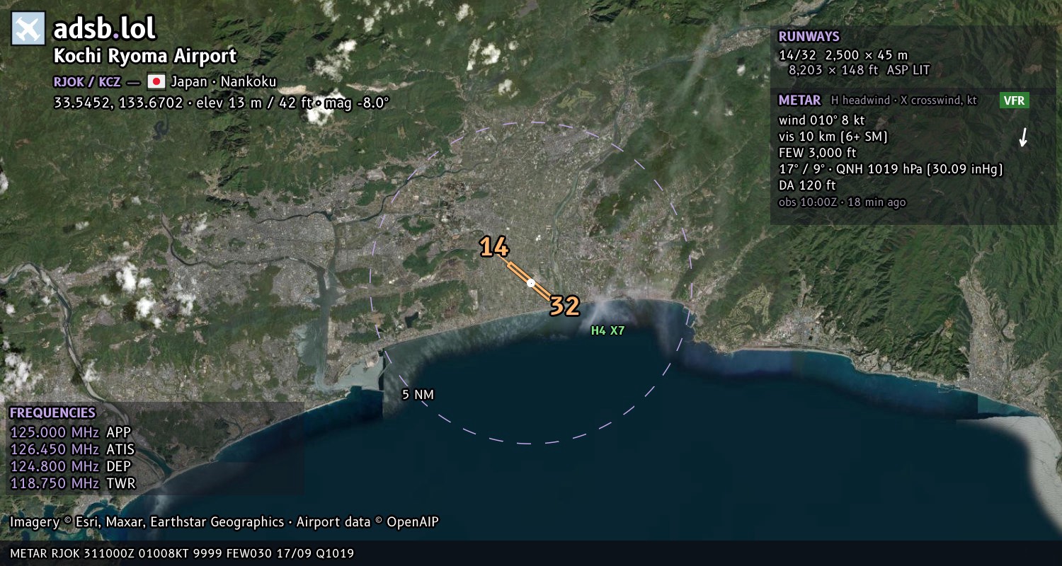 Satellite map with the runway layout of Kochi Ryoma Airport (RJOK)