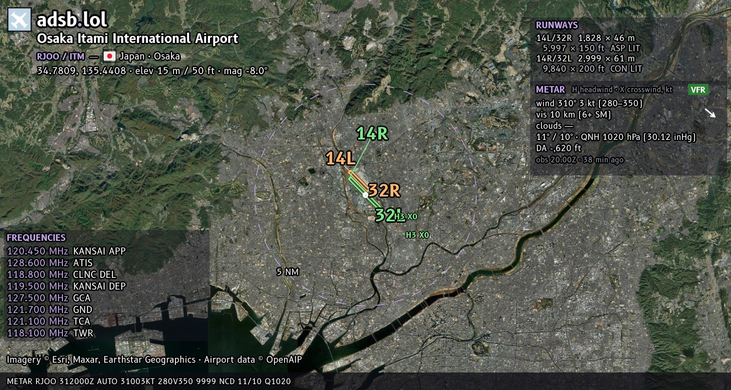 Satellite map with the runway layout of Osaka Itami International Airport (RJOO)