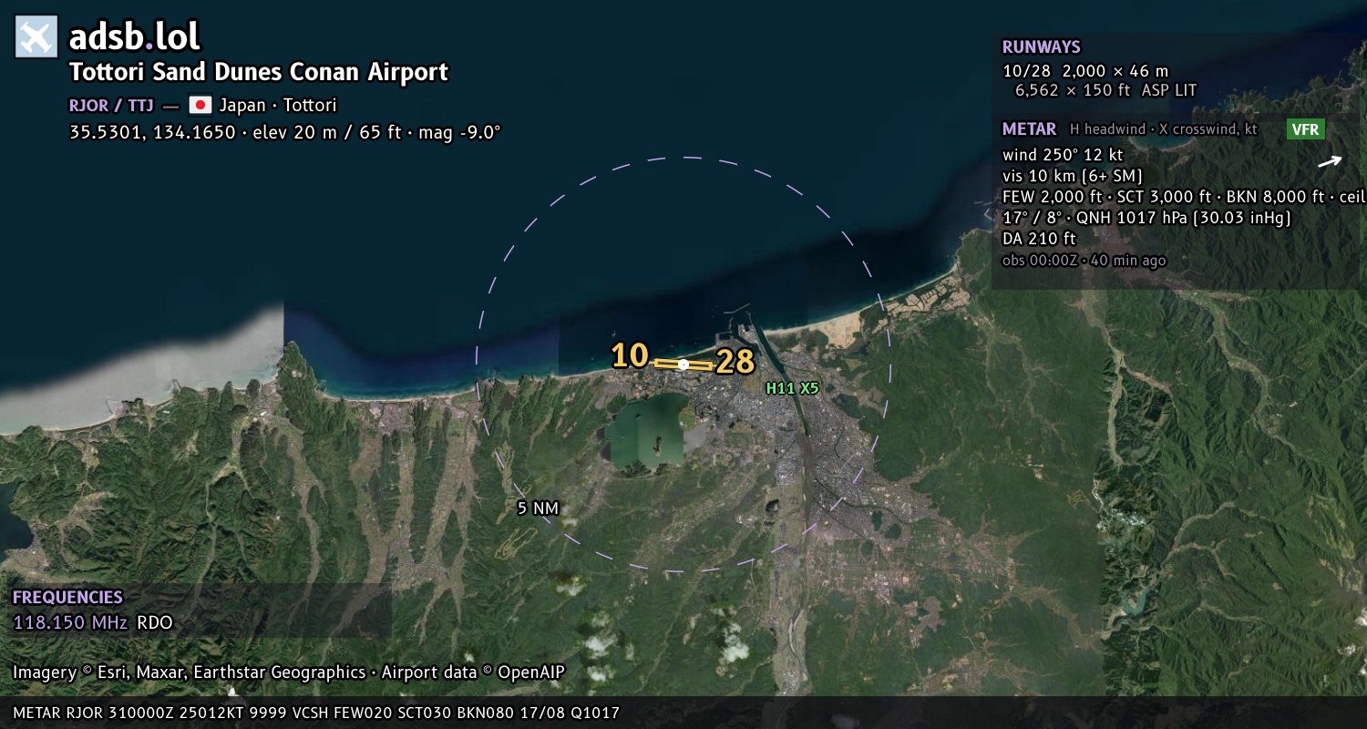 Satellite map with the runway layout of Tottori Sand Dunes Conan Airport (RJOR)