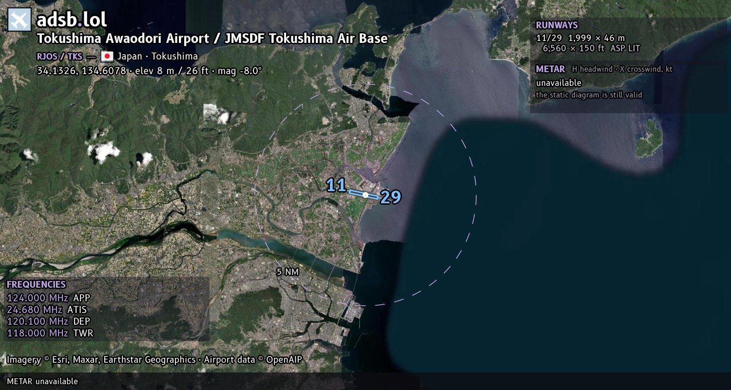 Satellite map with the runway layout of Tokushima Awaodori Airport / JMSDF Tokushima Air Base (RJOS)