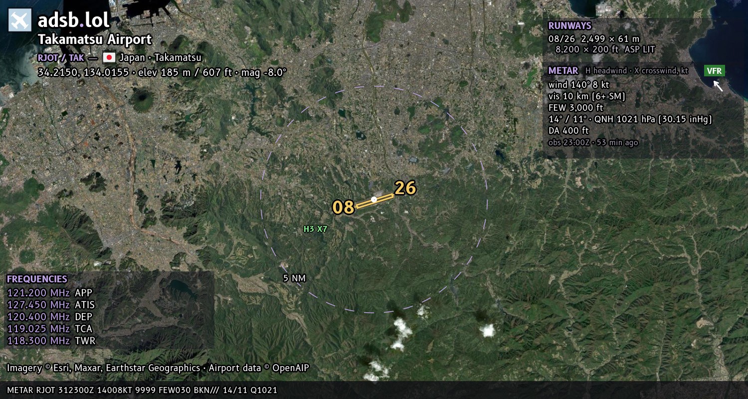 Satellite map with the runway layout of Takamatsu Airport (RJOT)