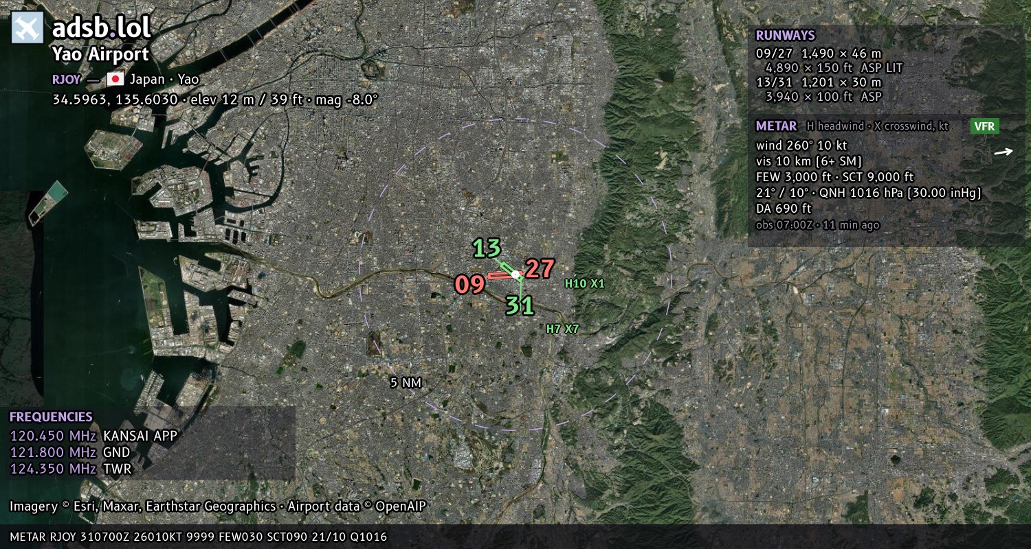 Satellite map with the runway layout of Yao Airport (RJOY)