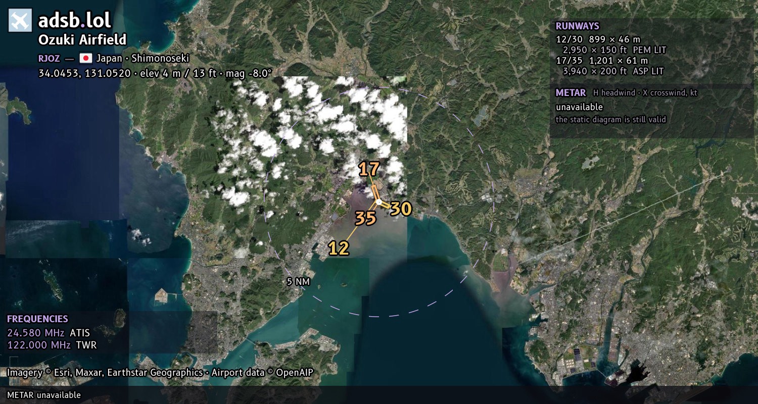 Satellite map with the runway layout of Ozuki Airfield (RJOZ)