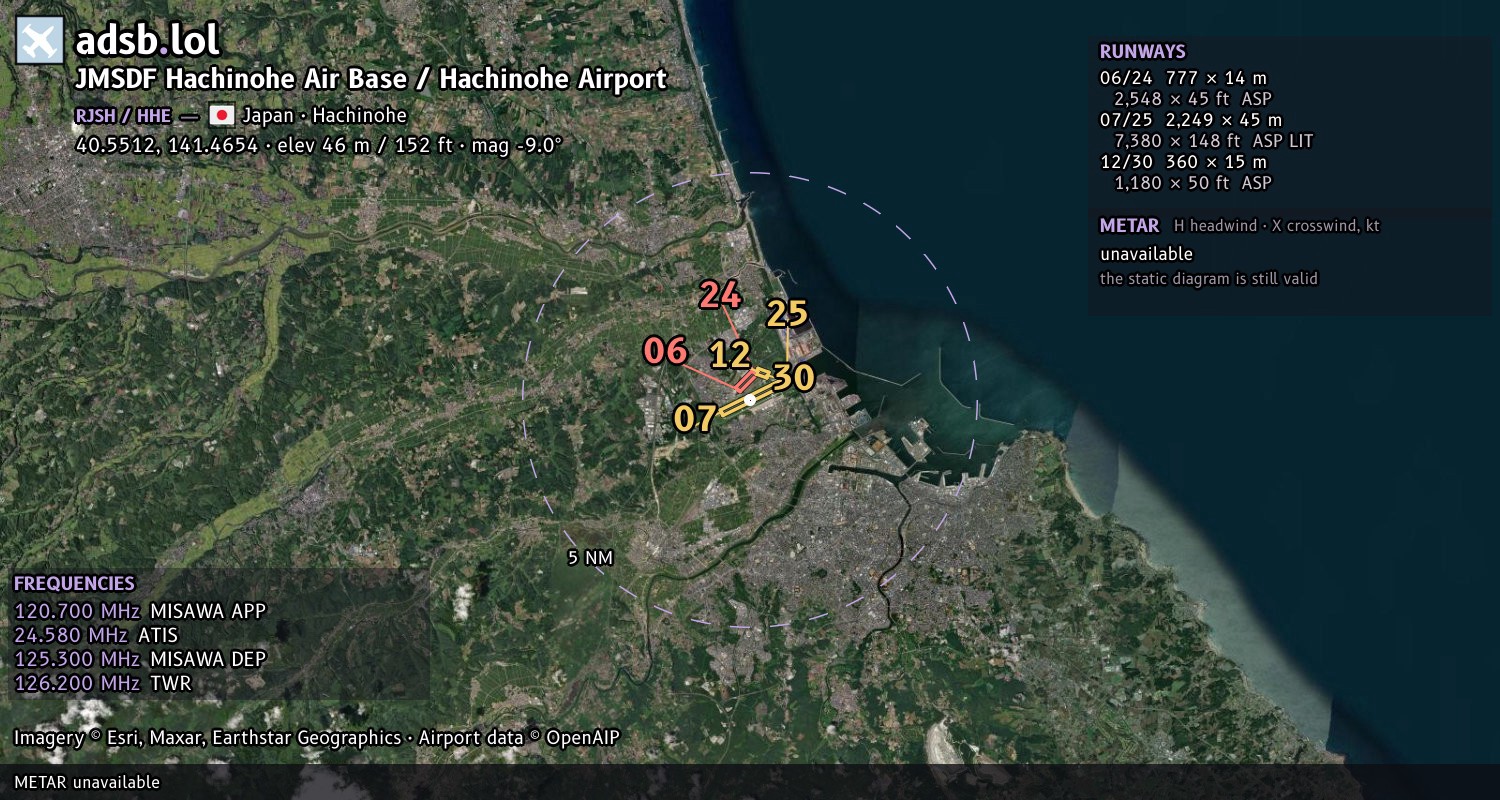 Satellite map with the runway layout of JMSDF Hachinohe Air Base / Hachinohe Airport (RJSH)