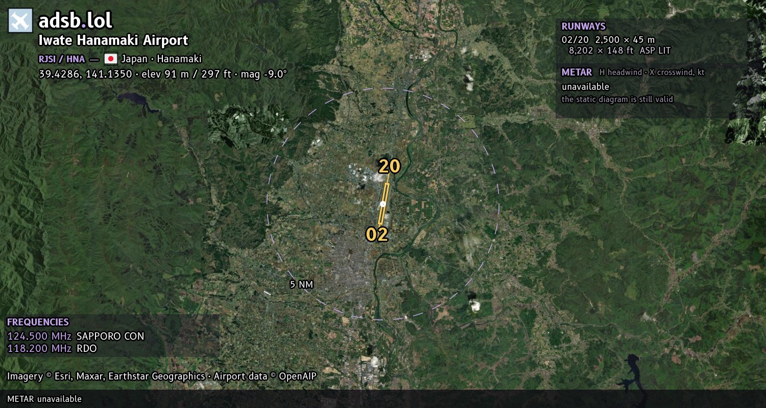 Satellite map with the runway layout of Iwate Hanamaki Airport (RJSI)