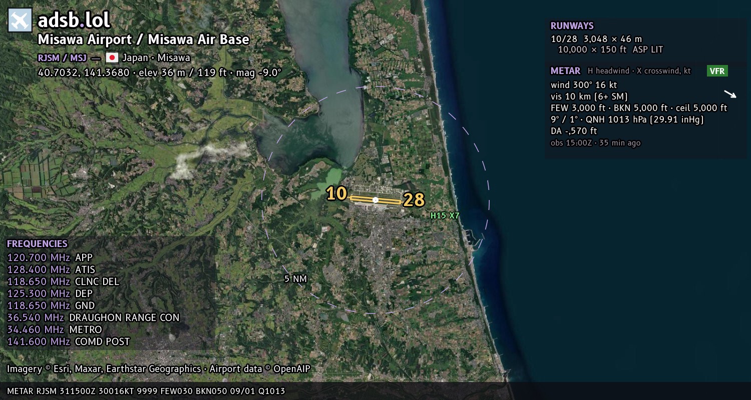 Satellite map with the runway layout of Misawa Airport / Misawa Air Base (RJSM)
